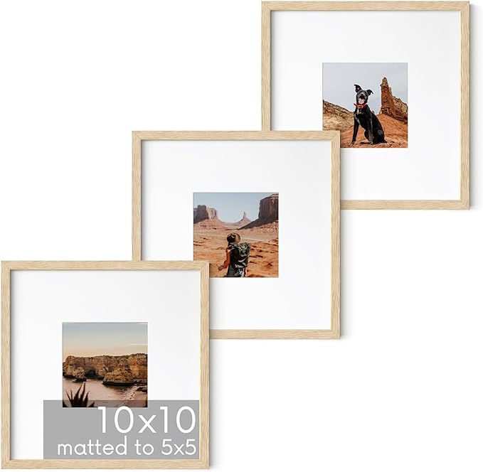 HAUS AND HUES Solid Oak Wood 10”x10” Picture Frames Matted to 5”x5” Set of 3 - Minimalist 10x10 Frame Set, 10x10 Picture Frames, 3 Picture Frame Set for Posters (Beige Oak Frames)