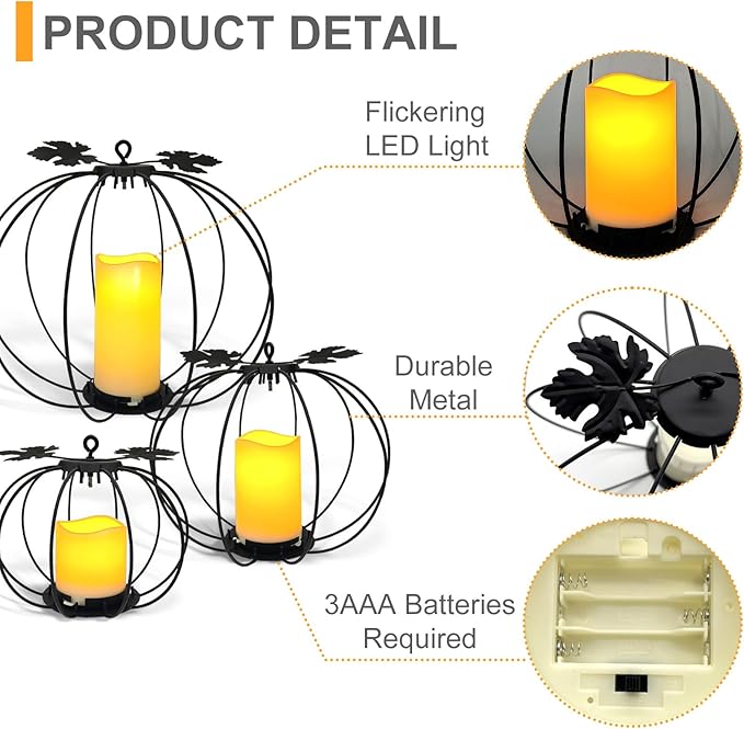 Halloween Light Up Pumpkin Lantern, 3 Pcs Metal Black Pumpkin Candle Holders with Timer Flickering Yellow LED Candle Lights for Thanksgiving Halloween Harvest Fall Home Decor