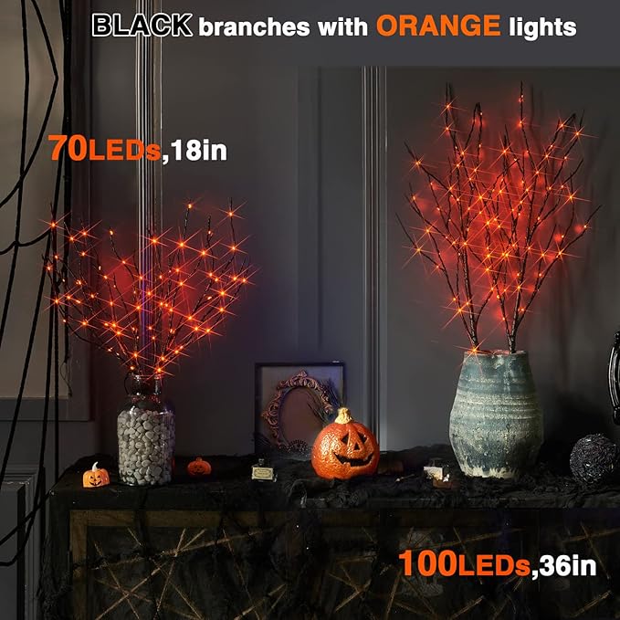 Fudios Halloween Lighted Branches with Timer 100 LED Orange Fairy Lights 32IN, Black Tree Branch Lights Battery Operated for Home Party Mantle Decoration