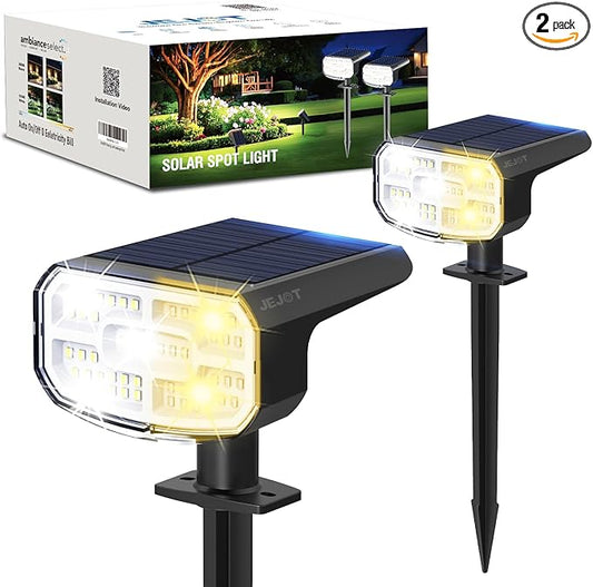 Solar Lights Outdoor Waterproof IP65, Super Bright LED, 2CCT 4 Lighting Modes 3000K/6500K Selectable, Solar Powered Yard Garden Solar Spot Lights for Outside Landscape Auto On/Off -2 Pack