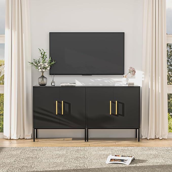 LYNSOM TV Stand for 55 Inch TV, Media Console Table with 2 Cabinets, Storage for Bedroom, Living Room, Entertainment Room (Black)