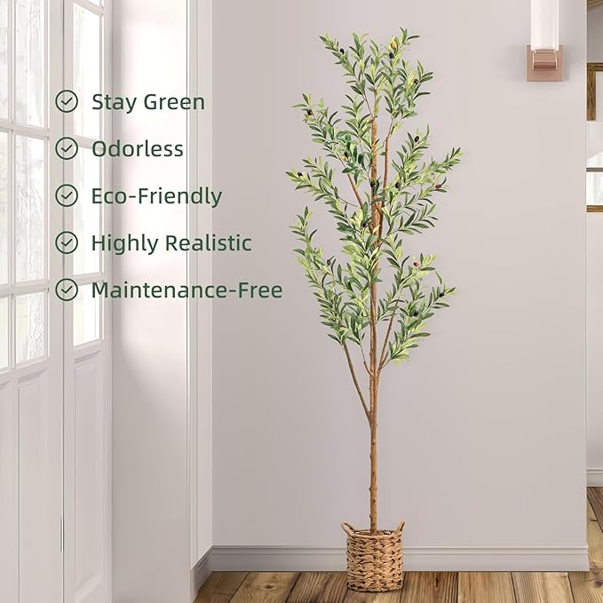 6ft Artificial Olive Tree with LED Fairy Lights, Tall Faux Potted Plant with Woven Basket - Natural Wooden Trunk & Lifelike Leaves & Fruits for Indoor Home Office Foyer Decor Housewarming Gift