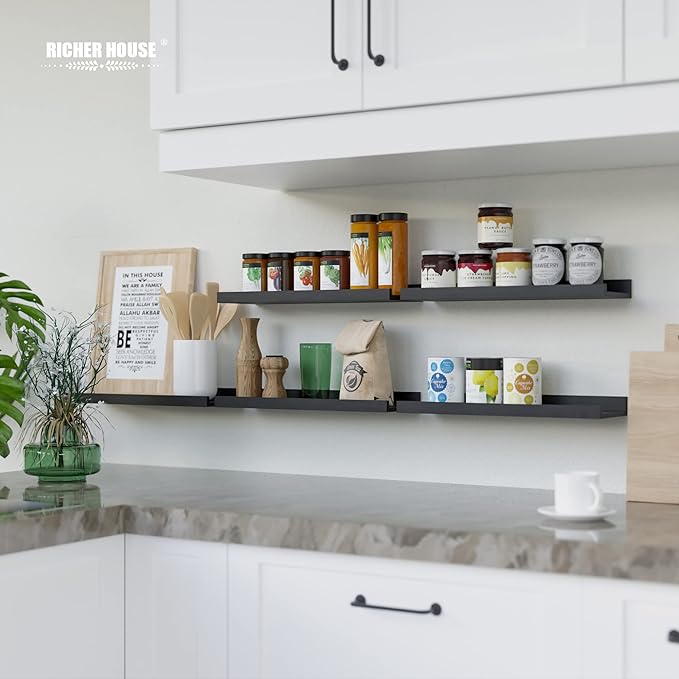 RICHER HOUSE 5 Set Floating Wall Mounted Shelves, Black Shelves for Wall Decor, Modern Picture Ledge Shelf with Lip for Storage, Nursery, Bedroom, Living Room, Bathroom - Black