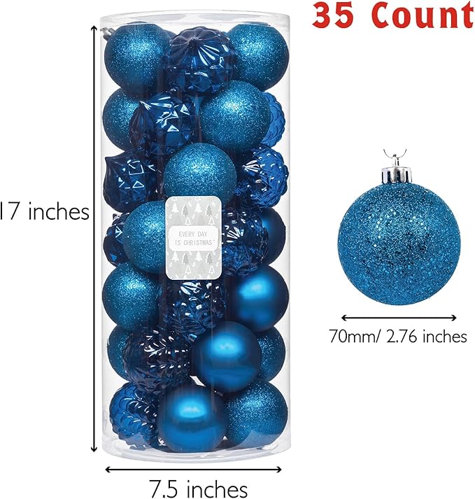 Every Day is Christmas Ornaments, Shatterproof Christmas Tree Ornament Set, Christmas Balls Decoration 35 Count (2.75"/70mm, Royal Blue)