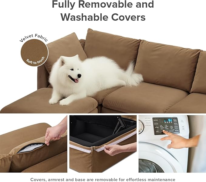 mopio Oversized Modular Sectional Sofa with Fully Removable Covers and Storage, Convertible U, L-Shaped and Sleeper Sectional, Modern Couches with Ottoman Chaise (Hazelnut Velvet, 9 Seats, Sleeper)