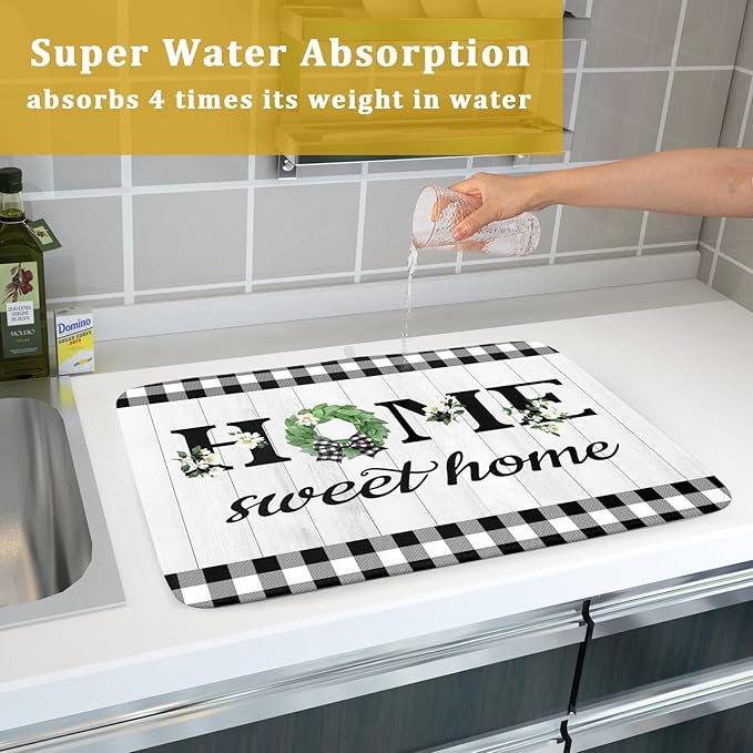 Farmhouse Rustic Dish Drying Mat for Kitchen Counter Sweet Home Spring Floral Absorbent Reversible Microfiber Kitchen Countertop Protector Dishes Pad Large 18x24 inch