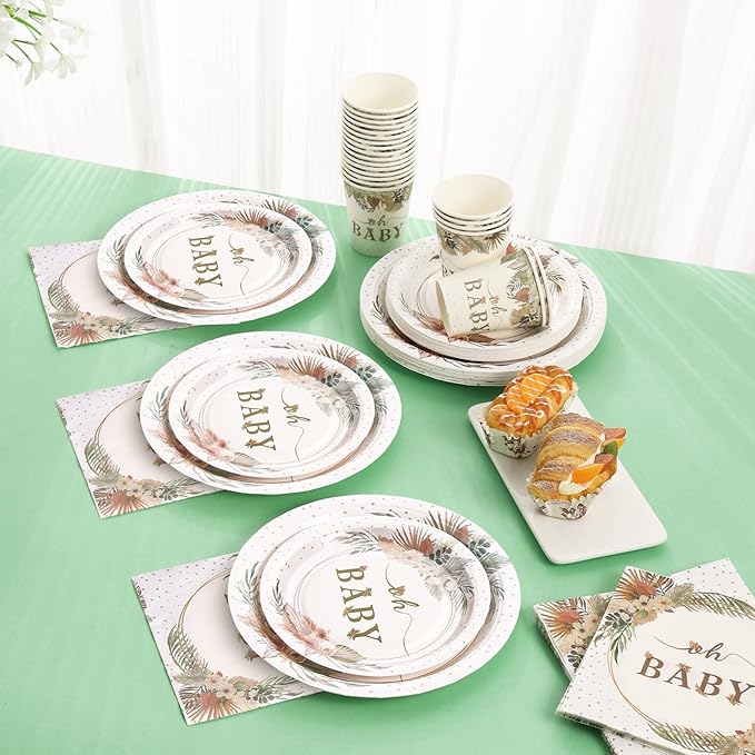 350 Pcs Boho Baby Shower Decorations for Girl, Baby Shower Plates and Cups and Napkins Sets, Oh Baby Plates for Western Sweet Baby Girl, Summer Fall Gender Neutral, Serves 50