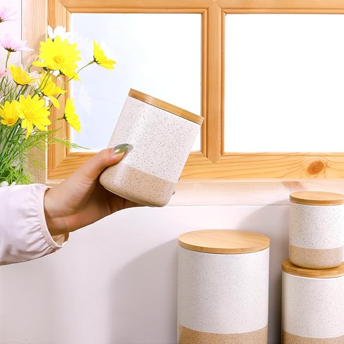 Yangbaga Canister Sets for Kitchen Counter, 20 OZ Large Ceramic Food Storage Jars with Airtight Wood Lids, Large Kitchen Canisters for Coffee, Sugar, Tea, Flour, Spice