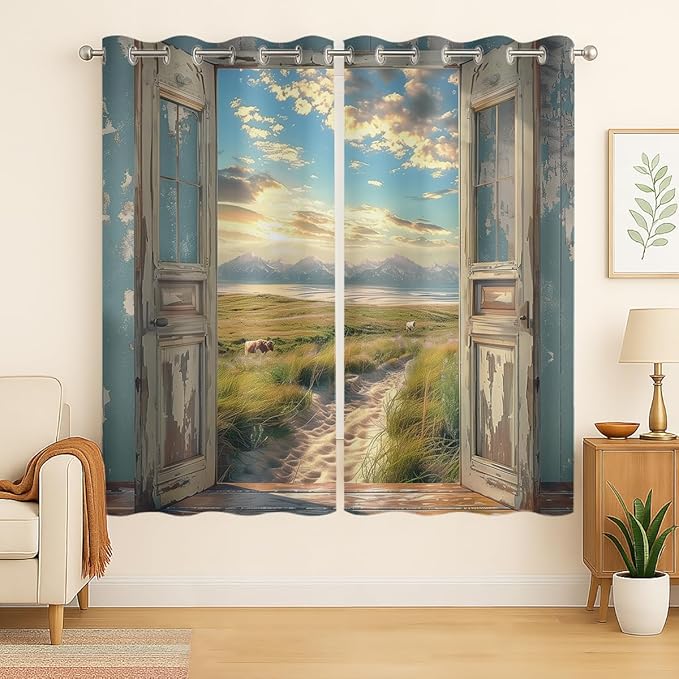 Landscape Blackout Curtains for Girls Boys Home Decor, Cow Sunset Grassland Mountain Natural Scenery Grommet Thermal Insulated Drapes Darkening Window Curtain for Bedroom Living Room, 42 x 45 Inch