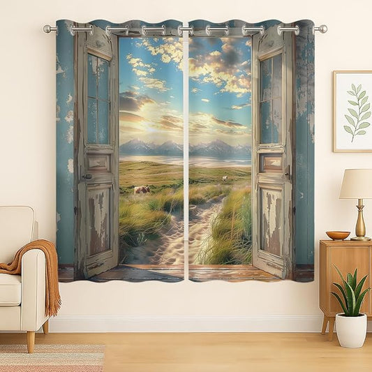 Landscape Blackout Curtains for Girls Boys Home Decor, Cow Sunset Grassland Mountain Natural Scenery Grommet Thermal Insulated Drapes Darkening Window Curtain for Bedroom Living Room, 42 x 45 Inch