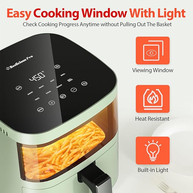 Air Fryer, Beelicious 8-in-1 Smart Compact 4QT Air Fryers, with Viewing Window, Shake Reminder, 450°F Digital Airfryer with Flavor-Lock Tech, Dishwasher-Safe & Nonstick, Fit for 1-3 People, Avo Green
