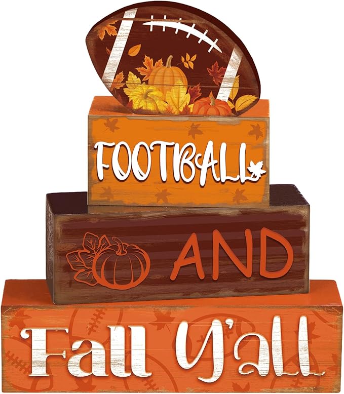 4 Pcs Fall Thanksgiving Decor for Home Football Wooden Signs with Sayings Fall Thanksgiving Tiered Tray Decor Pumpkin Football Tabletop Centerpiece Maple Leaf Block Signs for Office Kitchen Shelf