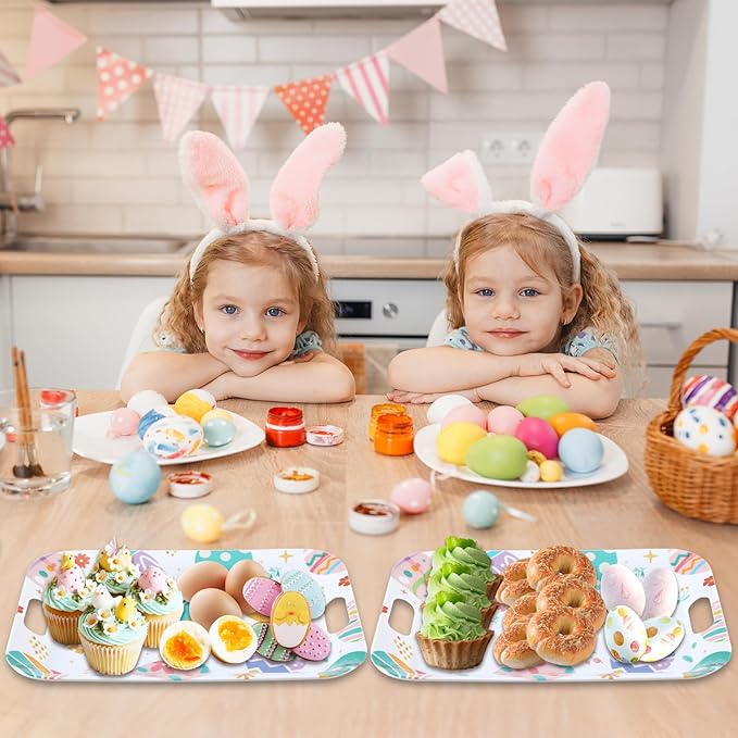 gisgfim 2Pcs Easter Serving Trays 16 X 11 Inch Large Melamine Easter Colorful Egg Trays Platters with Handles Reusable Spring Easter Food Trays for Snacks Birthday Decors Easter Day Party Supplies