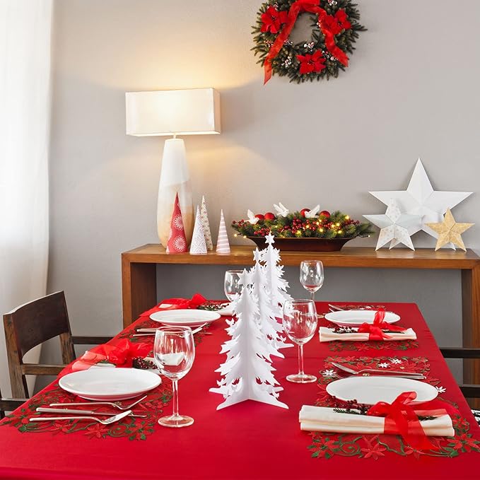 6 Pcs Embroidered Christmas Placemats - Holiday Applique Poinsettia Red Placemats - 11 x 17 Inch