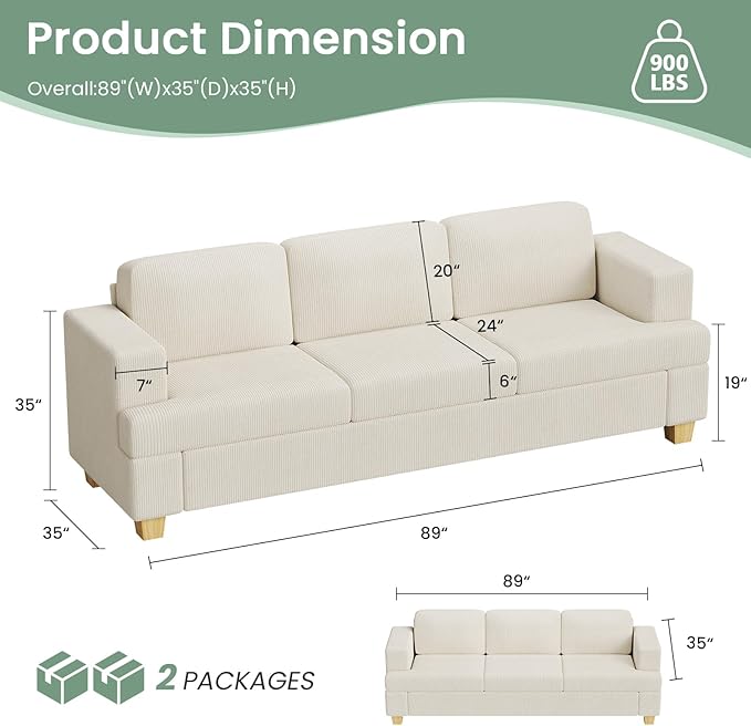 2 Pieces Corduroy Couch Set for Living Room, 6 Seats Cloud Sofa, Deep Seat Floor Couch for Bedroom, Futon Modern Sofa Bed, White Corduroy