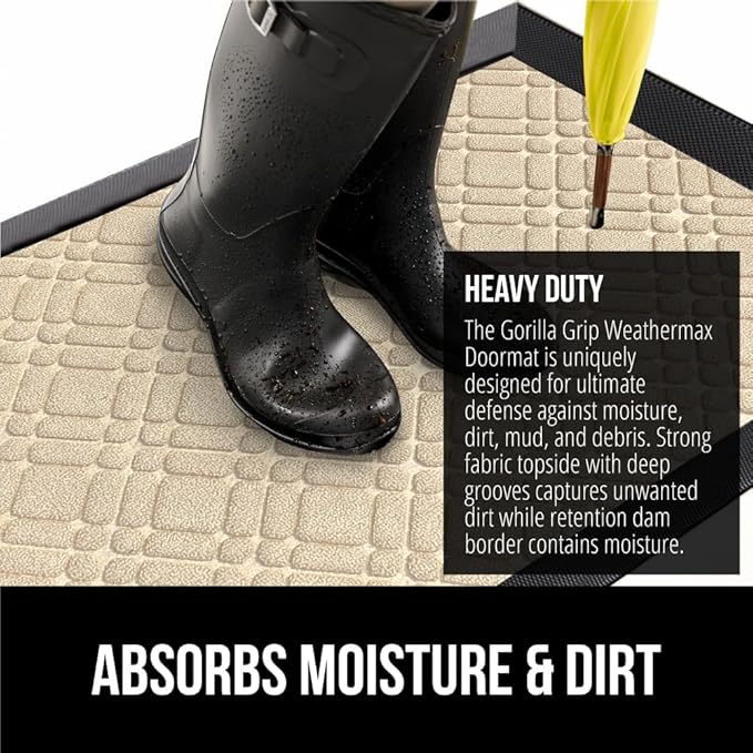 GORILLA GRIP 100% Waterproof All-Season WeatherMax Doormat US Designed Natural Rubber, Stain and Fade Resistant, Low Profile Indoor Outdoor Door Mats, Easy Clean Patio Mat, 17x29, Modern Latte