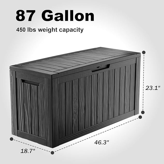 87 Gallon Deck Box Large Outdoor Storage for Patio Furniture,Outdoor Cushions,Garden Tools and Pool Supplies,Waterproof,Resin,Lockable(Black)