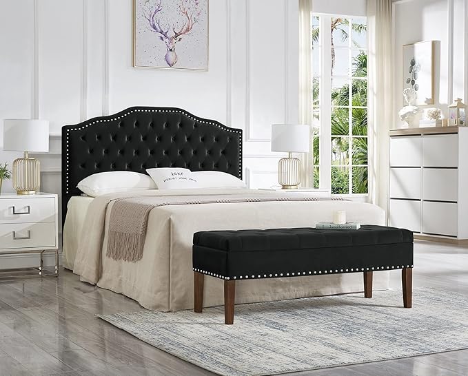24KF Upholstered Button Tufted Queen Size Full Size Headboard with Nailhead Trim, Soft Velvet Fabric Headboard Queen/Full Size Headboad-Black