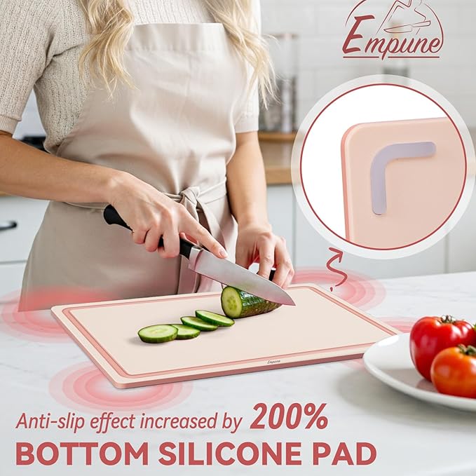 Empune Plastic Cutting Board Set, Recycled Plastic Cutting Boards for Kitchen (Set of 3), Dishwasher Safe Large Chopping Board with Holder, Non-slip Feet and Juice Grooves, Nonporous, Pink