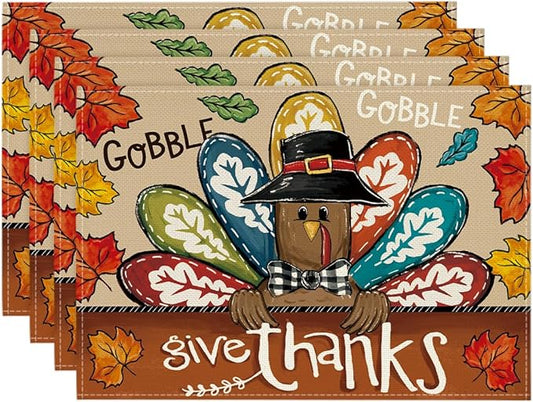 Artoid Mode Turkey Give Thanks Thanksgiving Placemats Set of 4, 12x18 Inch Seasonal Table Mats for Party Kitchen Dining Decoration