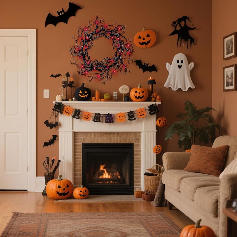 Halloween Black Branch Wreath - 16.5 Inch Glitter Black Twig Halloween Wreaths with Red Lights for Front Door Indoor Outdoor Party Window Wall Decor Farmhouse Garland Yard