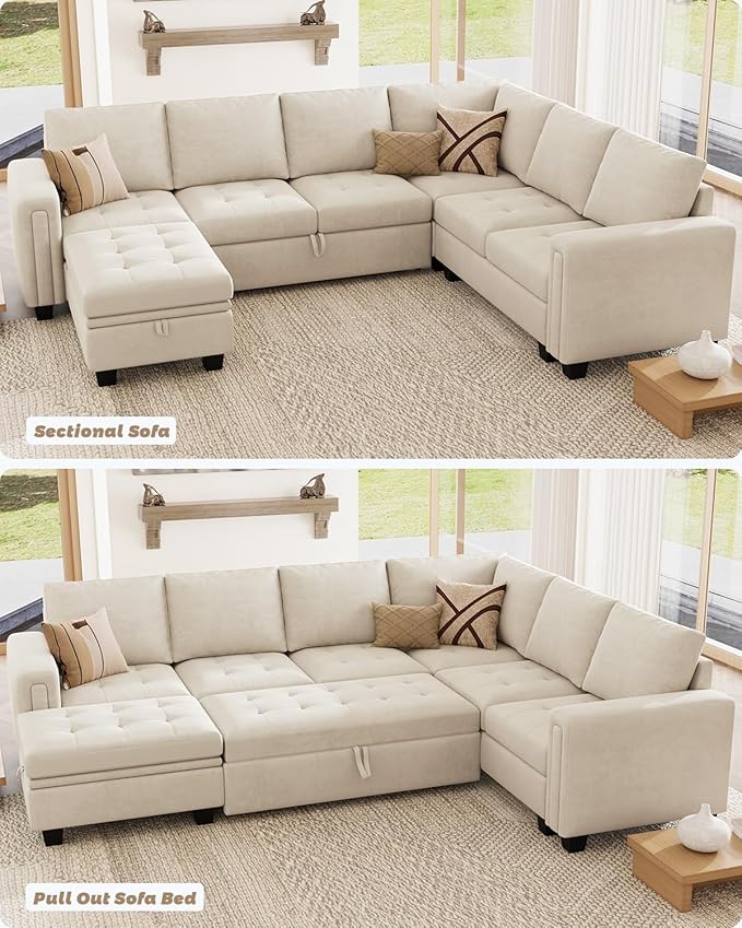 Belffin Modular Sectional Sleeper Sofa with Pull Out Bed U Shaped Sectional Sofa Couch with Storage Ottoman Velvet Covertible 7-Seater Sofa for Living Room Beige