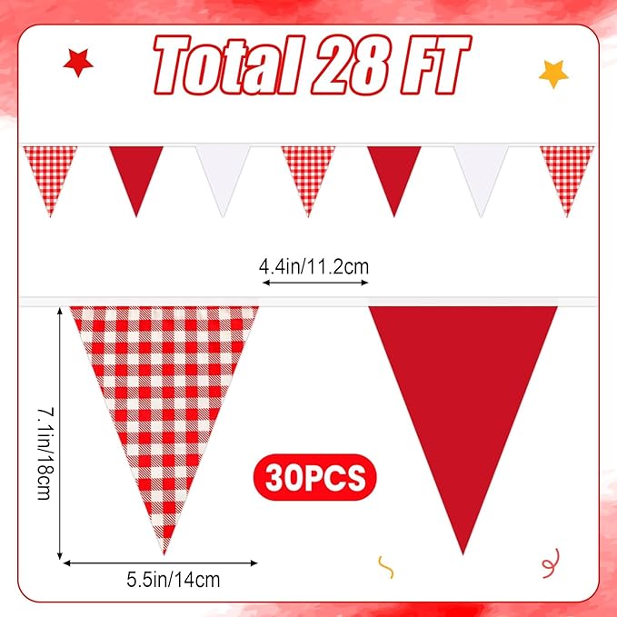 MARFOREVER 28 FT Red Plaid Checkered White Pennant Banner Flags, 30 Pcs Fabric Triangle Flag Bunting Garland Banner for Picnic Wedding Birthday Carnival Baby Shower Christmas Garden Party Decorations