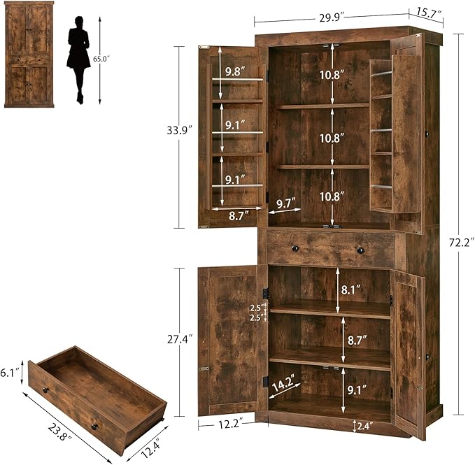 usikey 72” Kitchen Pantry Cabinet, Tall Storage Cabinet with 4 Doors and 1 Drawer, Freestanding Cupboard with 6 Hanging Shelves and Adjustable Shelves for Kitchen, Living Room, Rustic Brown