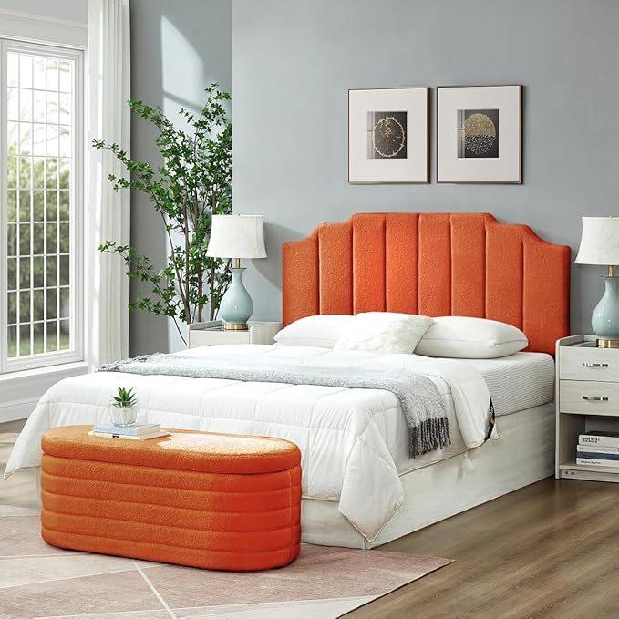 24KF Orange Teddy Fabric Tufted for Queen Upholstered Headboard, Modern Vertical Channel Design Full Headboard with Stepped Silhouette Top Edge,6026-Q-Teddy Orange