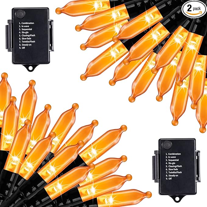 Halloween Orange String Lights Decorations，2 Pack 17.8 Feet 50 LED Battery Operated Mini String Lights with 8 Modes Waterproof for Outdoor Indoor Patio Xmas Tree Holiday Party Christmas Show