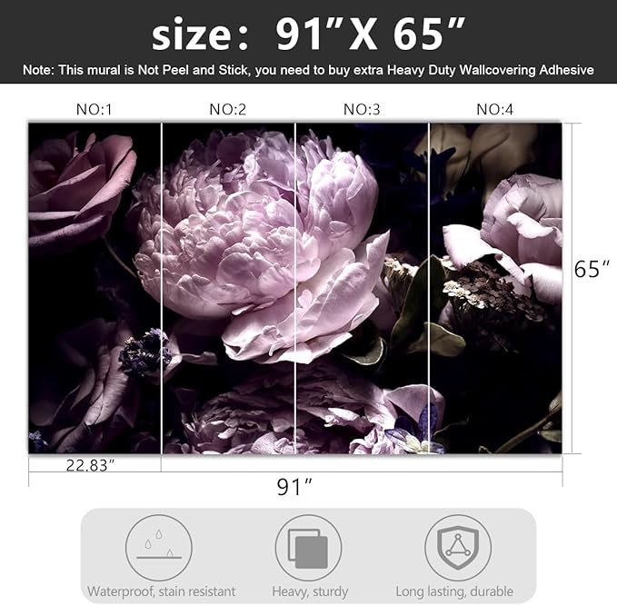 '-Black Peony Purple Floral Botanical Fabric Wallpaper Living Room Bedroom Bathroom Dark Flowers Wall Mural- 91"x65"（ not Peel and Stick）