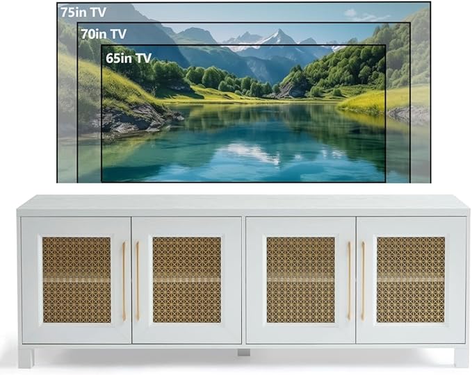 JYED Mid Century Modern TV Stand for TVs up to 75", 69.5" W White Entertainment Center with 4 Gold Metal Mesh Doors - Wood Grain MDF TV Console, Media Storage