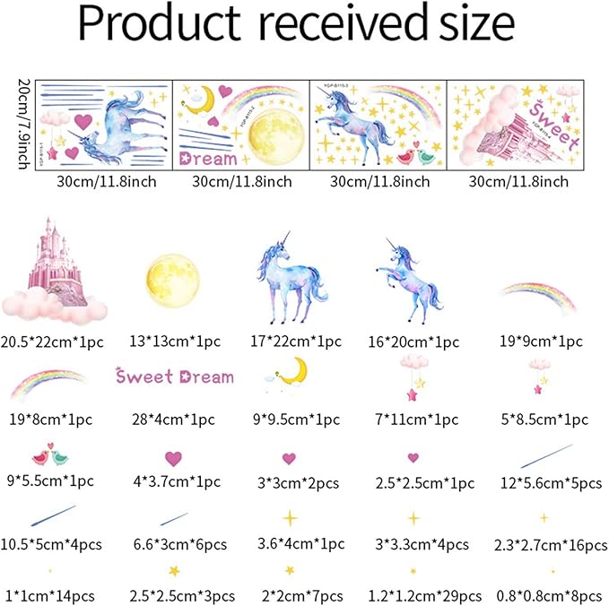 Glow in The Dark Unicorn Castle Wall Decals,Peel and Stick Colorful Unicorn Wall Stickers with Moon Stars Sweet Dream Wall Art for Girls Kids Bedroom Nursery Party Home Decor(Blu-ray)