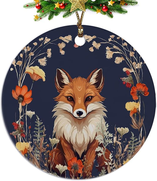Fox Ornaments, Fox Decorations, Fox Gifts for Women, Botanical Fox Ceramic Ornaments, Fox Decorative Hanging Ornament