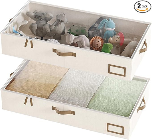 Under Bed Storage Containers, 2-Pack Underbed Storage Box, Collapsible Clothes Storage Bins with Handles and Lid, Large Under Bed Organizers for Shoe, Blanket, Toy, Pillow, Sheet, Beige