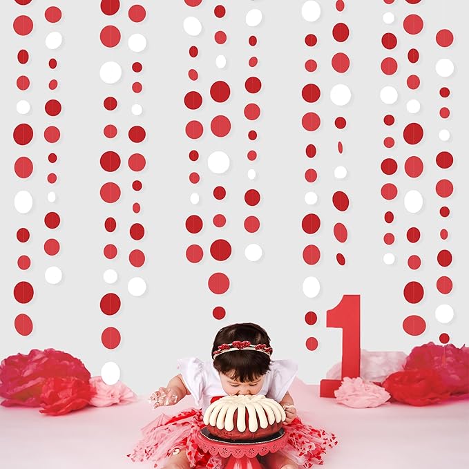 46 Ft Red Party Decorations Polka Dots Garlands Red and White Hanging Paper Circle Dots Streamer for Valentines Anniversary Birthday Graduation Wedding Christmas Holiday Bridal Shower Party Supplies