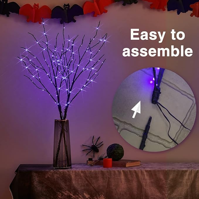 Fudios Halloween Lighted Branches with Timer 100 LED Purple Fairy Lights 32IN, Artificial Black Branch Lights for Halloween Battery Operated Home Decor Indoor Outdoor Use