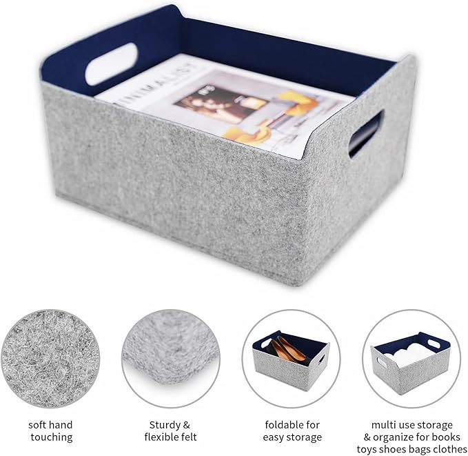 Welaxy storage baskets Felt Foldable Cube bin Shelf Bins Organizer Felt box for Kids Toys Magazine Books Clothes for Office Bedroom Closet Babies Nursery (navy x 3)