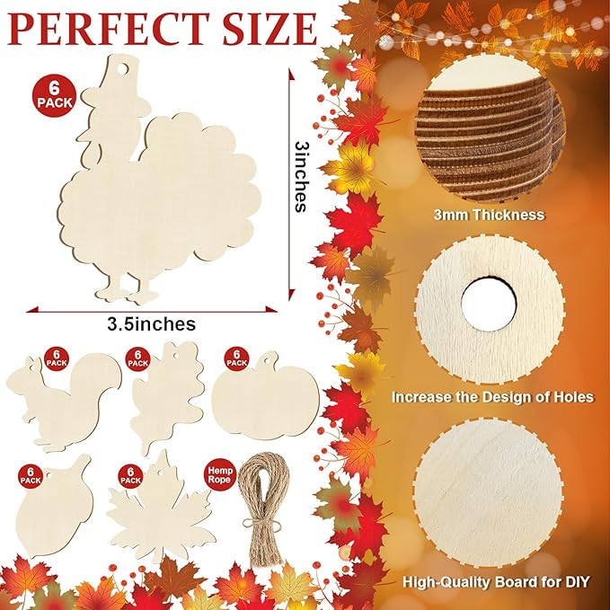 36PCS Wooden Fall Ornaments to Paint Thanksgiving Decorations, 6 Styles DIY Blank Autumn Unfinished Wood Maple Leaves Turkey Pumpkin Halloween Cutouts Ornament for Crafts Birthday Party Gifts Hanging