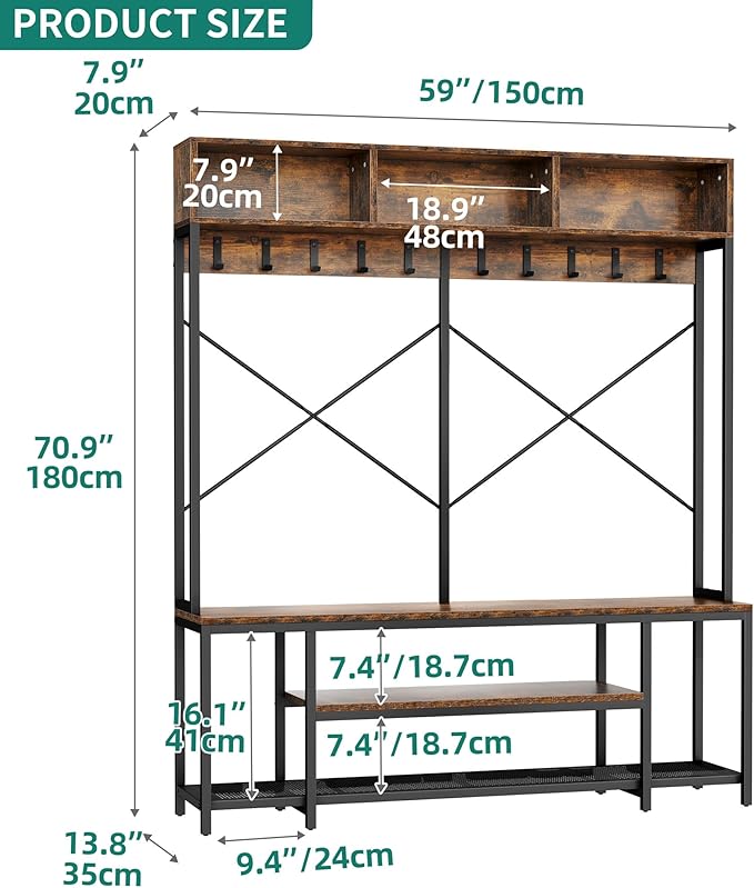 YITAHOME Entryway Bench with Coat Rack, 5-in-1 Hall Tree with Shoes Storage, Industrial Freestanding Coat Rack Shoe Bench with Storage Shelves, 10 Hooks for Hallway, Bedroom, Rustic Brown