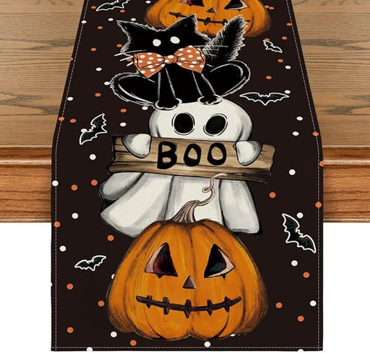 Artoid Mode Polka Dot Ghost Pumpkin Cat Boo Halloween Table Runner, Bat Seasonal Fall Kitchen Dining Table Decoration for Home Party Decor 13x48 Inch