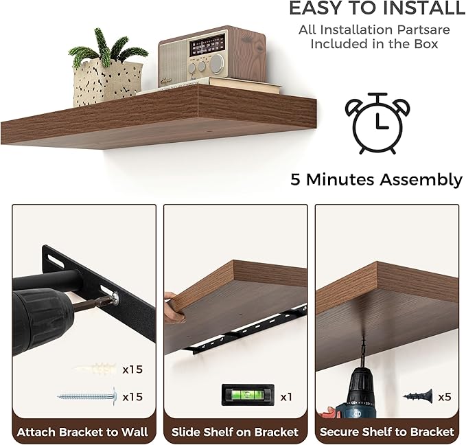 Floating Shelves - 2 Large Wall Mounted Shelves with Invisible Brackets, Long Wood Floating Wall Shelf for Living Room, Bedroom, Kitchen (Walnut, 24" W x 9" D x 1.5" H)