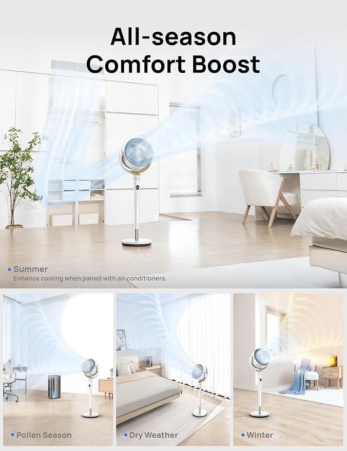 Dreo Fan for Bedroom, 120° Oscillating Standing Fan, Quiet Pedestal Fan with DC Motor, 9 Speeds, 4 modes, 20dB, 120° Manual Vertical, 37-42" Adjustable Height, 9H Timer, White