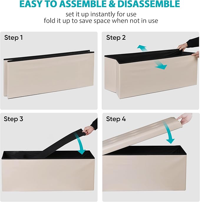 SUPER DEAL Folding Ottoman Bench with Storage, 43 Inch Padded Seat Footrest Shoes Bench for Bedroom Living Room Entryway, 660 lbs Capacity 43"x 15"x 15", Faux Leather, Beige