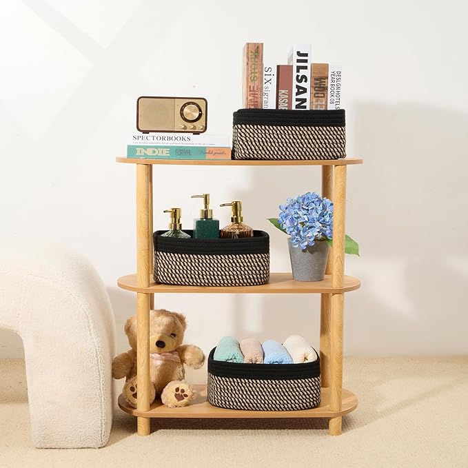 Small Storage Baskets for Organizing | Closet Organizer Bins | Shelf Toy Basket | Woven Rope Baskets | Cube Decorative Box | Shallow Basket | 11.5x7.5x4.7” | 4 Packs Black Brown