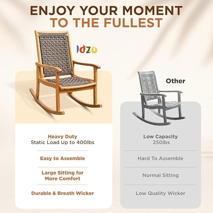 IDZO Wood Wicker Rocking Chair, 400 lbs Capacity, Durable Eucalyptus Wood, Natural Finish, Comfortable Curvy Design, Ideal for Deck, Patio Furniture, and Outdoor Furniture Accent Chair