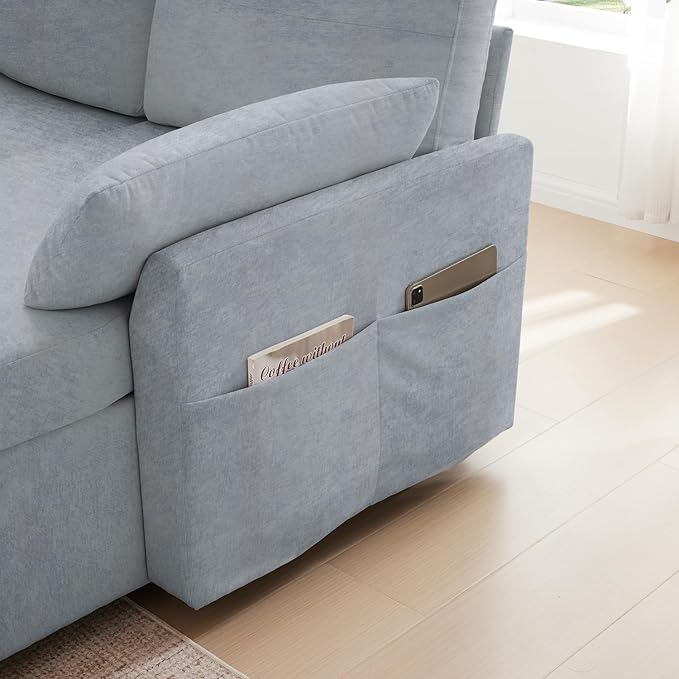 Waxberry Sectional Sofa Couch, Pull Out Couch Sleeper Sofa Bed with Storage for Living Room, Reversible Chaise, Side Pockets & Dual USB/Type-C Ports, Grey
