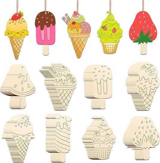 80PCS Wooden Ice Cream Cutouts Ornaments to Paint,Summer Decorations 8 Styles DIY Blank Unfinished Wood Cutouts Ornament for Crafts Hanging Decorations