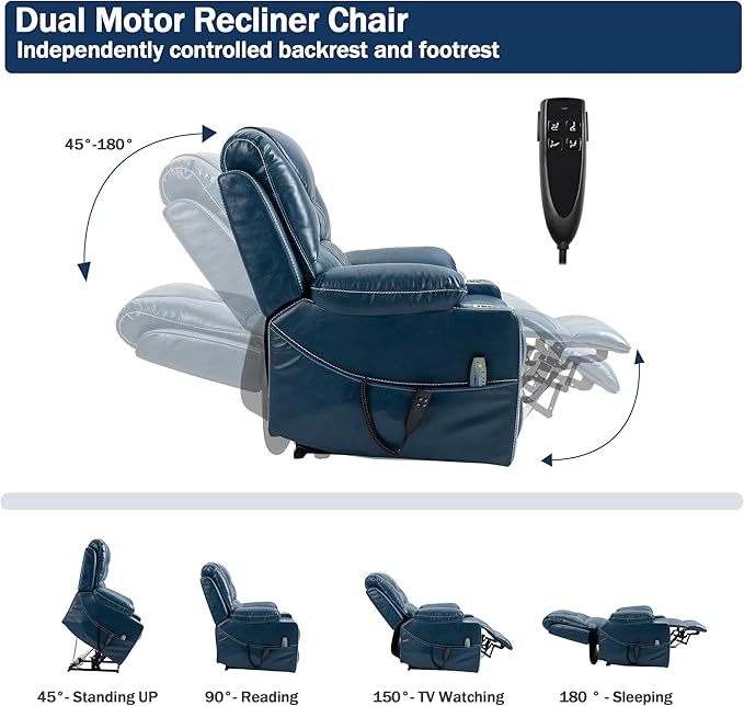 Dual Motor Power Lift Recliner Chair for Adults Elderly, Lay Flat Faux Leather Recliners with Massage Heating, Infinite Position, 2 Cup Holders, 2 Side Pockets, Up to 400LBS