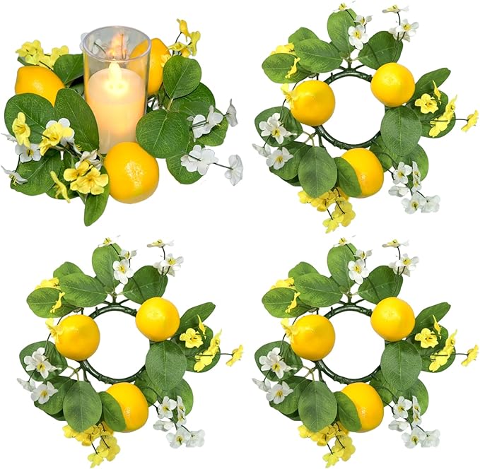 4Pcs Lemon Candle Rings Wreaths 3inch Center Decorative Greenery Candle Holder Rings with Flowers Spring Mini Wreaths for Pillar Wedding Farmhouse Front Door Wall Table Centerpiece Home Decorations